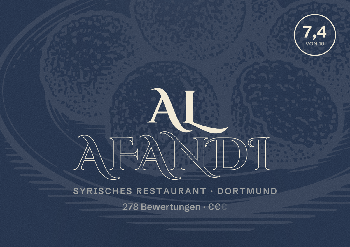 Illustriertes Poster von Al afandi, Syrisches Restaurant in Dortmund: Bewertung 7,4 von 10 aus 278 Bewertungen, Preisniveau €€