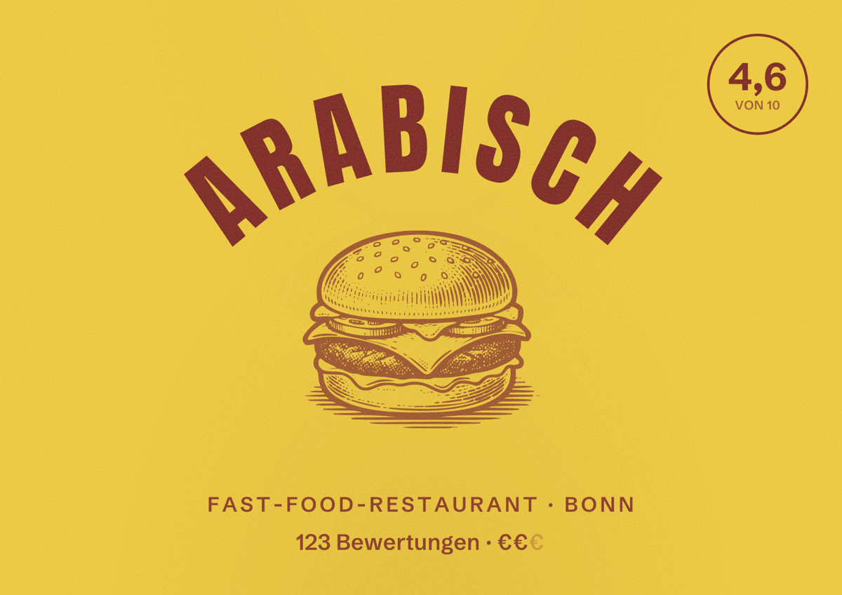 Illustriertes Poster von Arabisch, Fast-Food-Restaurant in Bonn: Bewertung 4,6 von 10 aus 123 Bewertungen, Preisniveau €€