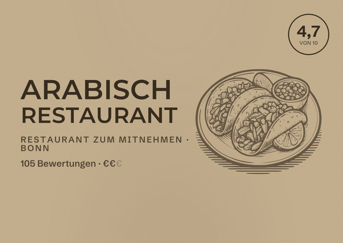 Illustriertes Poster von Arabisch Restaurant, Restaurant zum Mitnehmen in Bonn: Bewertung 4,7 von 10 aus 105 Bewertungen, Preisniveau €€
