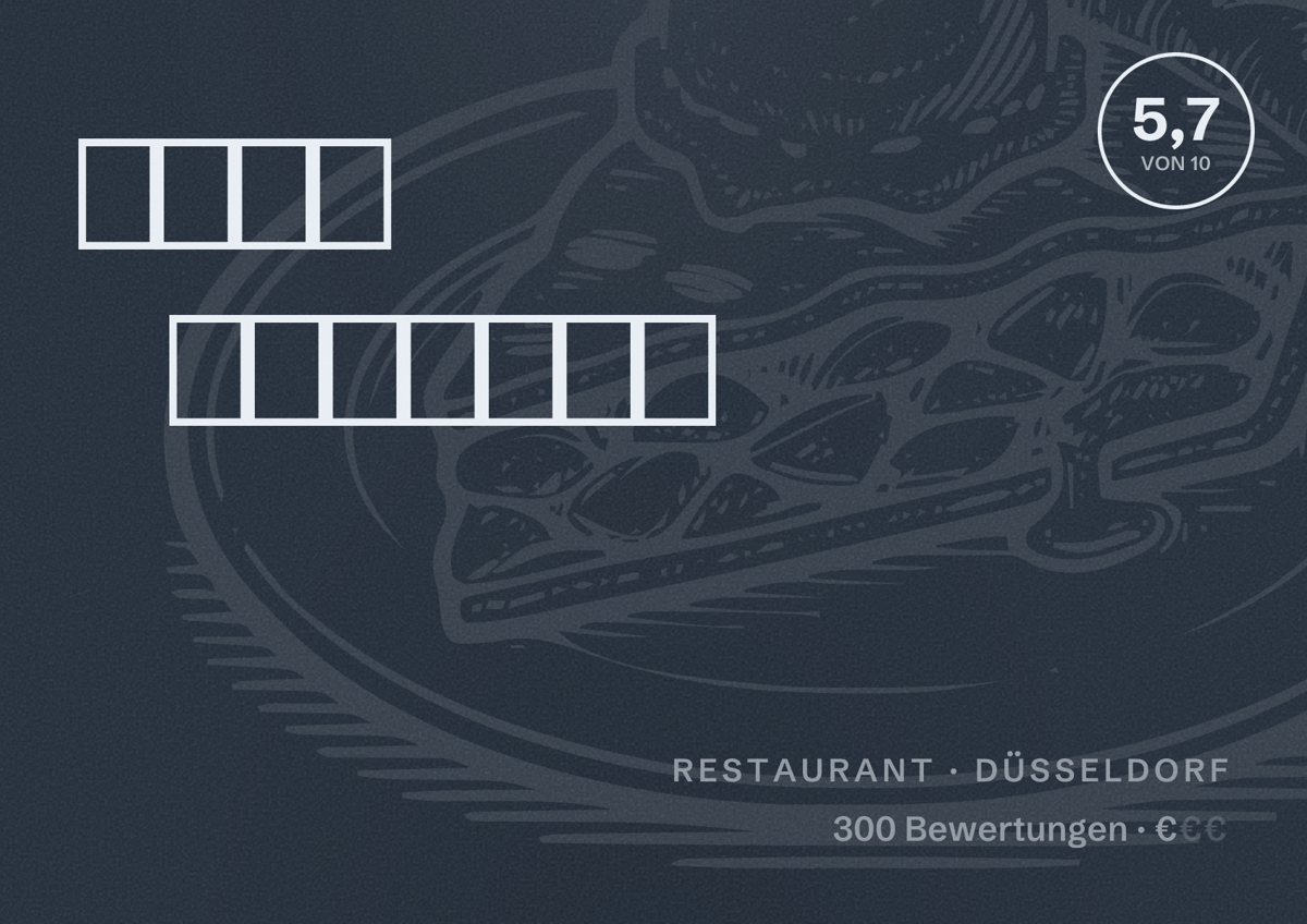 Illustriertes Poster von مطعم موزاييك, Restaurant in Düsseldorf: Bewertung 5,7 von 10 aus 300 Bewertungen, Preisniveau €