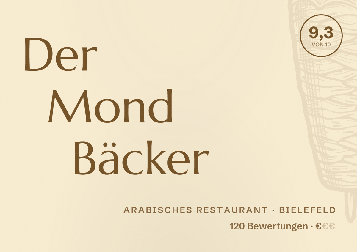 Illustriertes Poster von Der Mond Bäcker, Arabisches Restaurant in Bielefeld: Bewertung 9,3 von 10 aus 120 Bewertungen, Preisniveau €