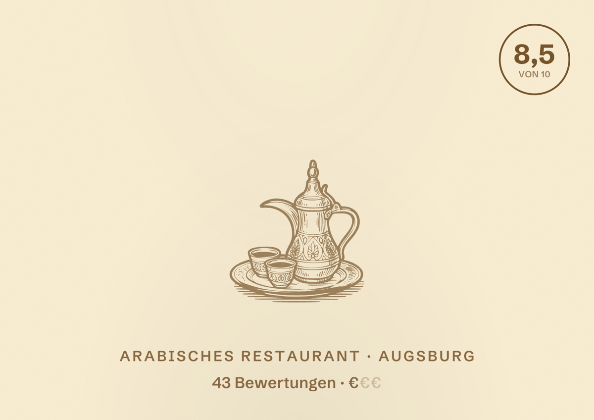 Illustriertes Poster von معجنات كرم, Arabisches Restaurant in Augsburg: Bewertung 8,5 von 10 aus 43 Bewertungen, Preisniveau €