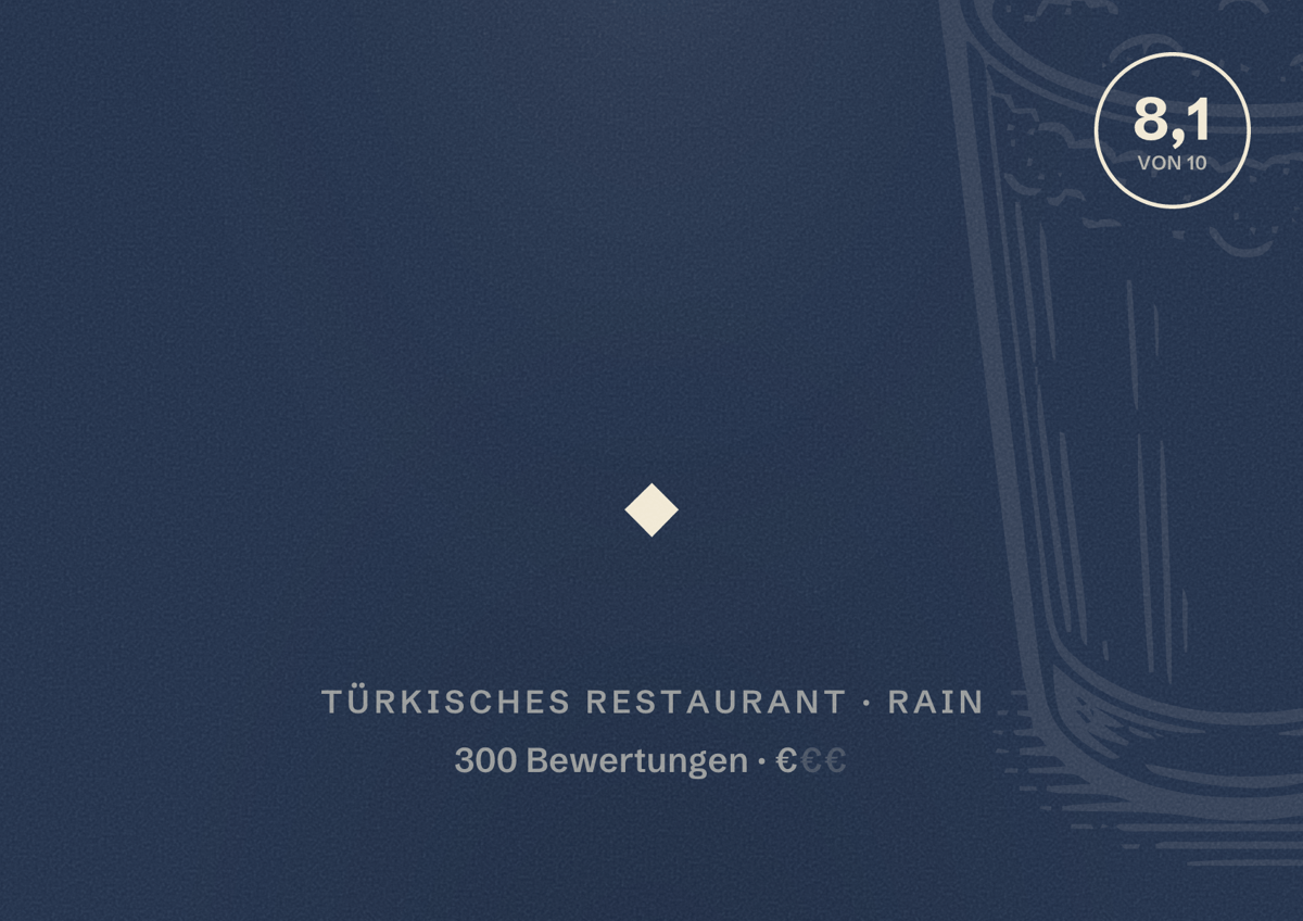 Illustriertes Poster von ٠, Türkisches Restaurant in Rain: Bewertung 8,1 von 10 aus 300 Bewertungen, Preisniveau €