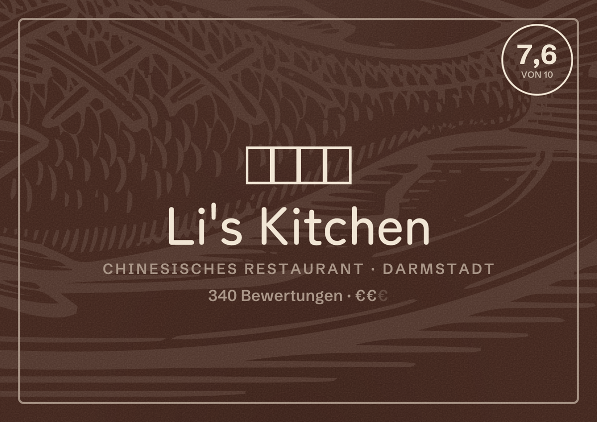 Illustriertes Poster von Li's Kitchen, Chinesisches Restaurant in Darmstadt: Gästebewertung 7,6 von 10 aus 340 Bewertungen