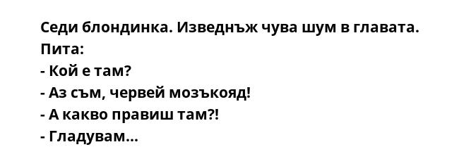 Седи блондинка. Изведнъж чува шум в главата. Пита:
- Кой е там?
- Аз съм, червей мозъкояд!
- А какво правиш там?!
- Гладувам...