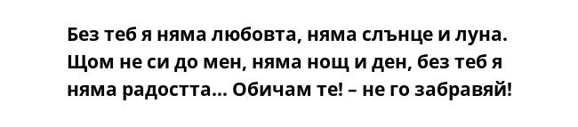 Без теб я няма любовта, няма слънце и луна. Щом не си до мен, няма нощ и ден, без теб я няма радостта… Обичам те! – не го забравяй!