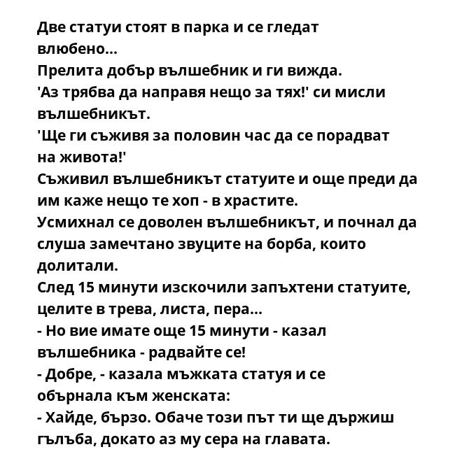 Две статуи стоят в парка и се гледат влюбено...
Прелита добър вълшебник и ги вижда.
'Аз трябва да направя нещо за тях!' си мисли вълшебникът.
'Ще ги съживя за половин час да се порадват на живота!'
Съживил вълшебникът статуите