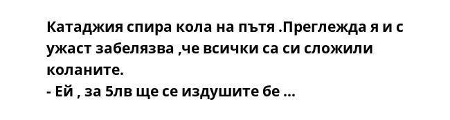 Катаджия спира кола на пътя .Преглежда я и с ужаст забелязва ,че всички са си сложили коланите.
- Ей , за 5лв ще се издушите бе ...