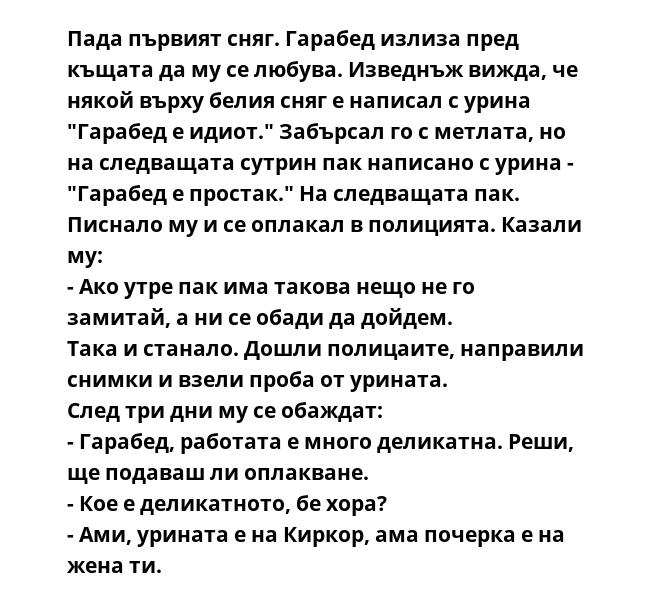 Пада първият сняг. Гарабед излиза пред къщата да му се любува. Изведнъж вижда, че някой върху белия сняг е написал с урина "Гарабед е идиот." Забърсал го с метлата, но на следващата сутрин пак написано с урина - "Гарабед е