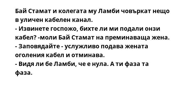 Бай Стамат и колегата му Ламби човъркат нещо в уличен кабелен канал.
- Извинете госпожо, бихте ли ми подали онзи кабел? -моли Бай Стамат на преминаваща жена.
- Заповядайте - услужливо подава жената оголения кабел и отминава.
-