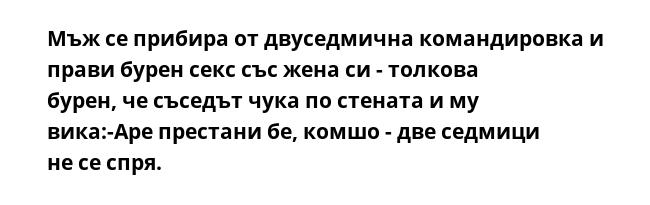 Мъж се прибира от двуседмична командировка и прави бурен секс със жена си - толкова бурен, че съседът чука по стената и му вика:-Аре престани бе, комшо - две седмици не се спря.