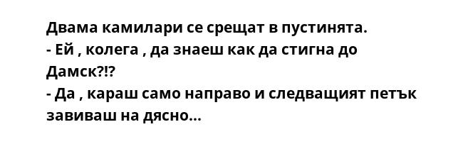 Двама камилари се срещат в пустинята.
- Ей , колега , да знаеш как да стигна до Дамск?!?
- Да , караш само направо и следващият петък завиваш на дясно...