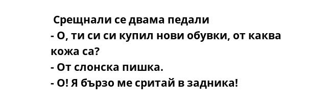  Срещнали се двама педали
- О, ти си си купил нови обувки, от каква кожа са?
- От слонска пишка.
- О! Я бързо ме сритай в задника!