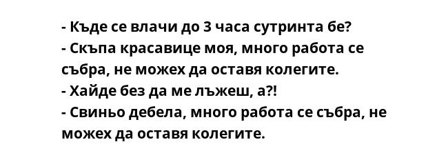 - Къде се влачи до 3 часа сутринта бе?
- Скъпа красавице моя, много работа се събра, не можех да оставя колегите.
- Хайде без да ме лъжеш, a?!
- Свиньо дебела, много работа се събра, не можех да оставя колегите.