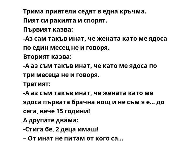 Трима приятели седят в една кръчма.
Пият си ракията и спорят.
Първият казва:
-Аз сам такъв инат, че жената като ме ядоса по един месец не и говоря.
Вторият казва:
-А аз съм такъв инат, че като ме ядоса по три месеца не и говоря.
Третият:
-А