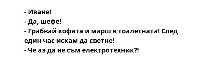 - Иване!
- Да, шефе!
- Грабвай кофата и марш в тоалетната! След един час искам да светне!
- Че аз да не съм електротехник?!