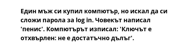 Един мъж си купил компютър, но искал да си сложи парола за log in. Човекът написал 'пенис'. Компютърът изписал: 'Ключът е отхвърлен: не е достатъчно дълъг'. 