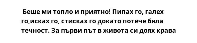  Беше ми топло и приятно! Пипах го, галех го,исках го, стисках го докато потече бяла течност. За първи път в живота си доях крава