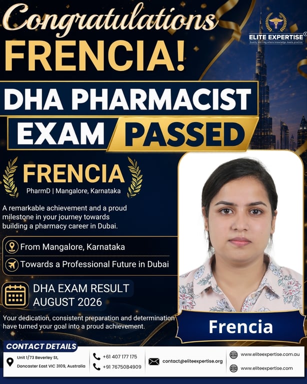 Frencia — DHA Pharmacist Exam passed with Elite Expertise
