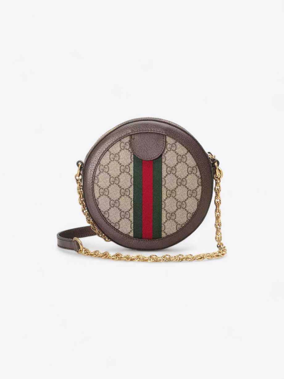 Runde Gucci Ophidia Tasche mit grün-roten Webstreifen