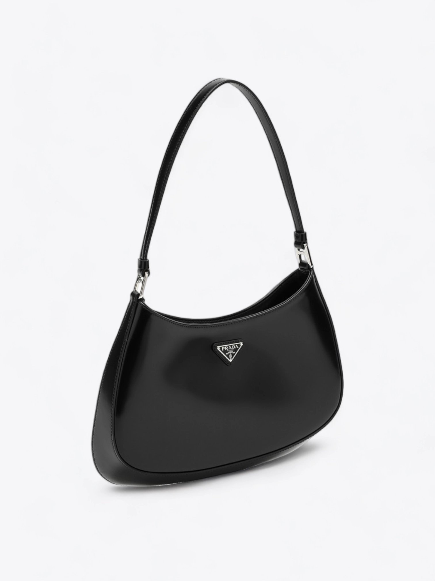 Prada Cleo, Baguette-Tasche aus schwarzem Leder mit Logo.