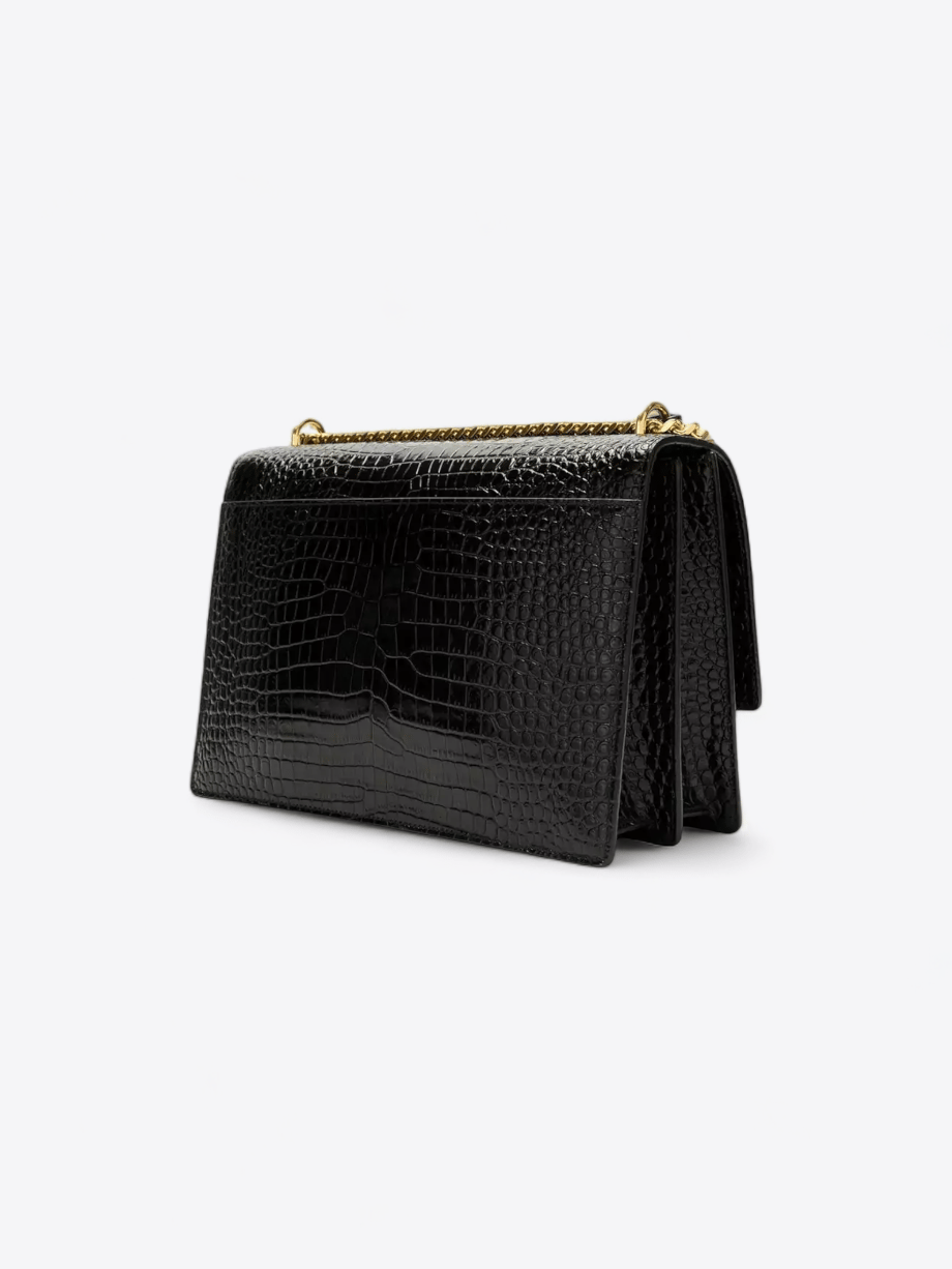 Saint Laurent Sunset Umhängetasche schwarz, Kroko-Prägung, Vermietung welPop