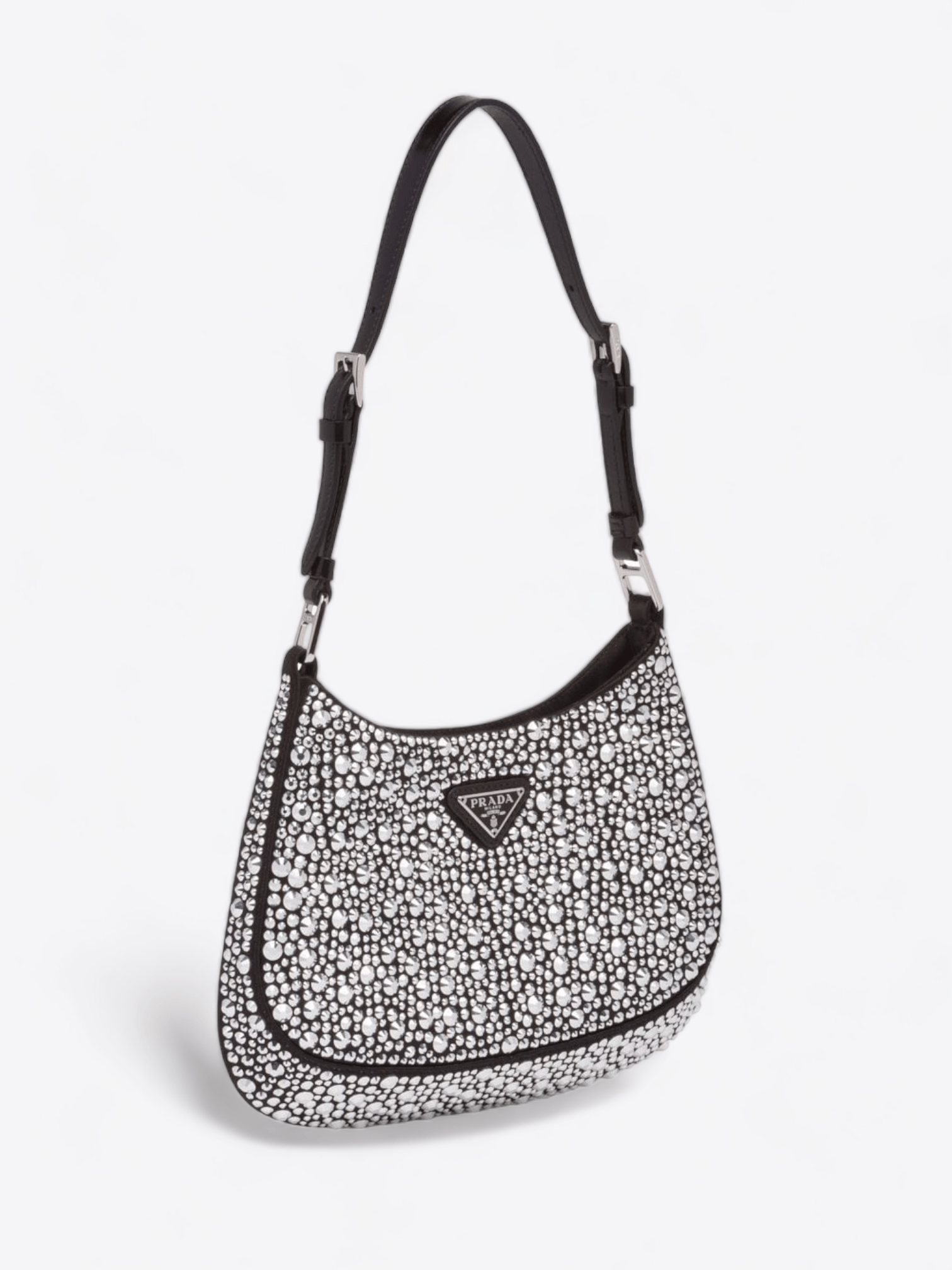 Élégant sac Prada Cleo en satin noir avec ornements de cristaux, à louer sur welPop.