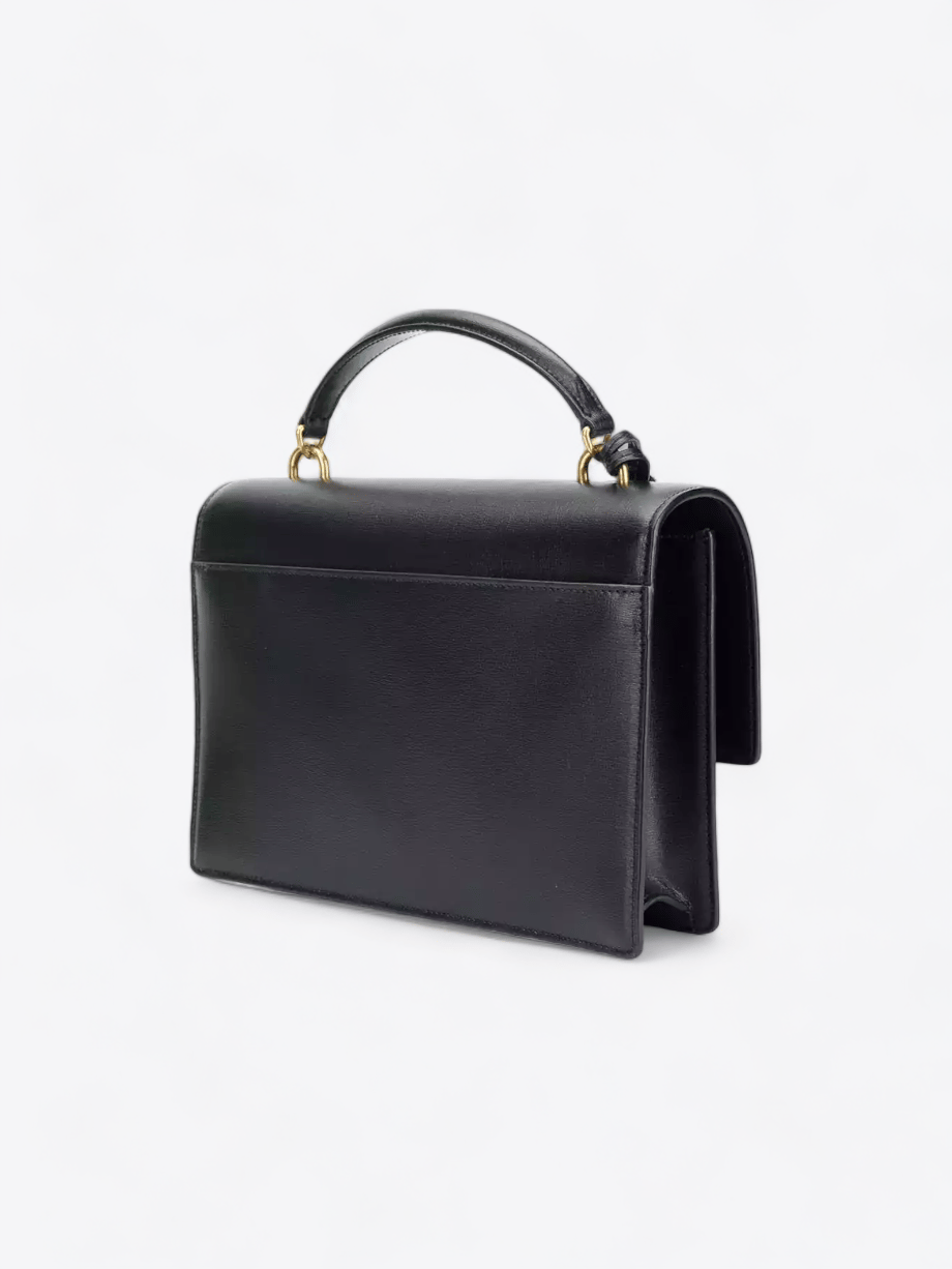 Frontansicht der Saint Laurent Sunset Monogram Medium Handtasche aus schwarzem Leder.
