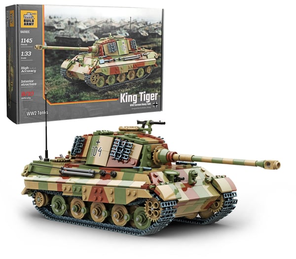 Buildarmy WWII German King Tiger Tank with a Camouflage Pattern, LEGO Compatible Brick Model