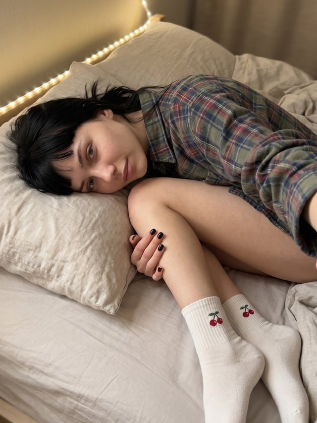 Curled up on my side, wearing these delicate socks and just… existing. I wanted to keep this moment for a little longer. 
#cozyvibes #sockseason #softgirl #bedrooma