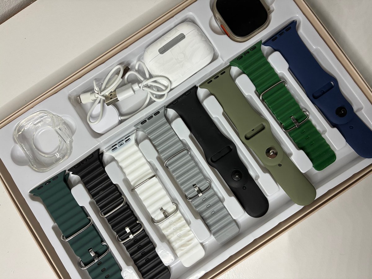 Cofre Smartwatch Ultra con 8 Mallas + Protector + Auriculares Inalambricos