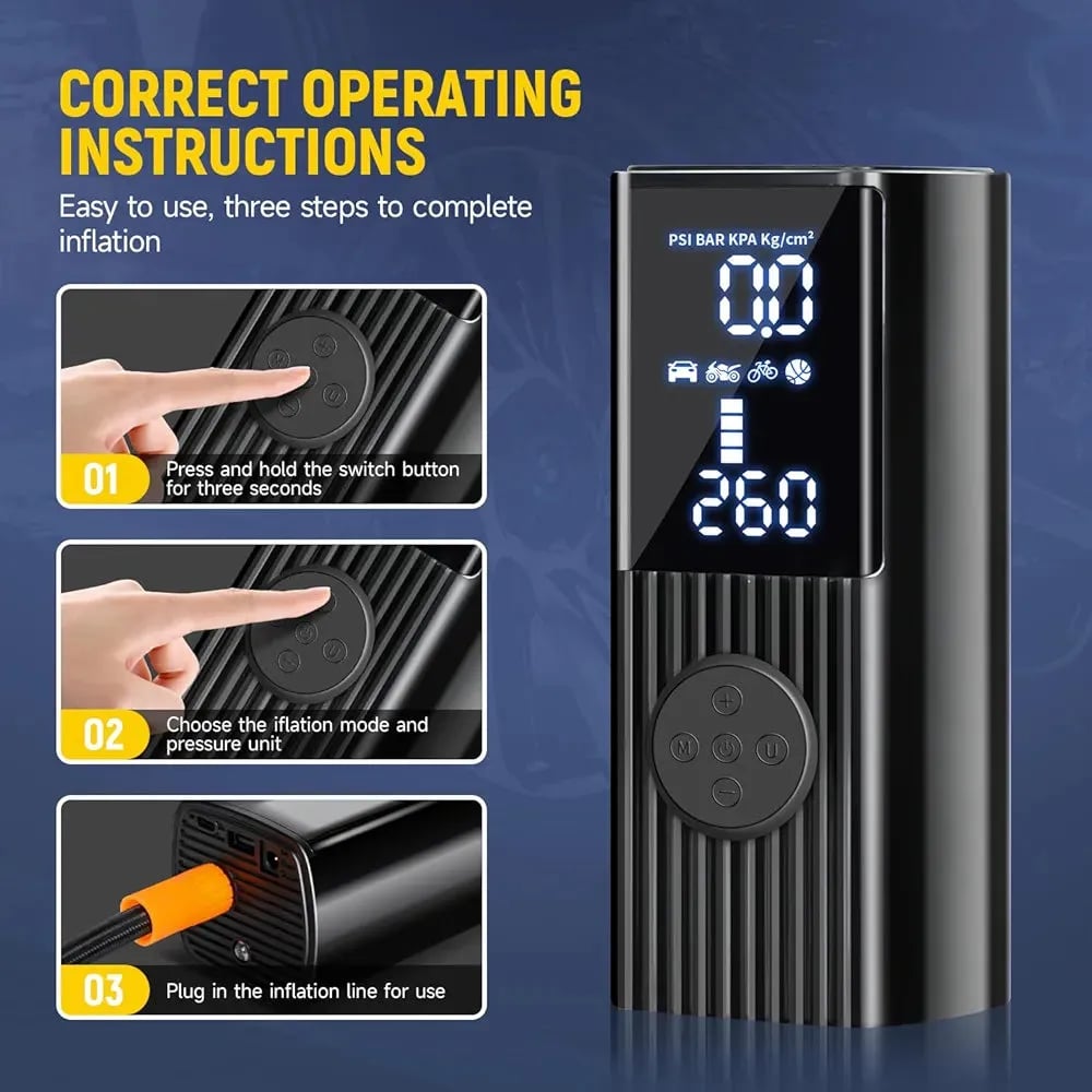 Compresor de Aire Portátil Inteligente – 5 Modos, Batería Recargable y Power Bank