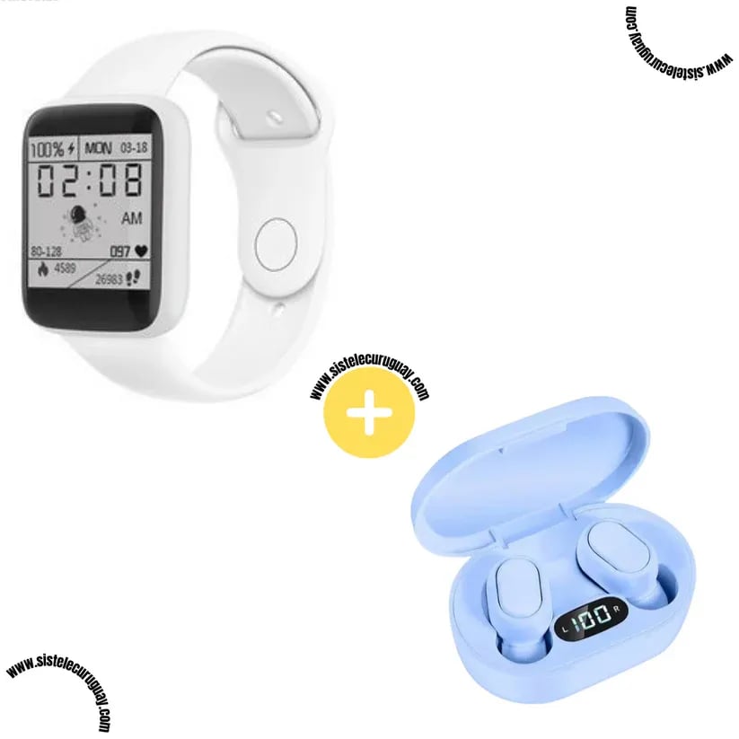 Smart Bracelet D20 PRO con Monitor Cardíaco y Presión Arterial + Auriculares Inalámbricos E6S con Bluetooth 5.0 y Pantalla LED