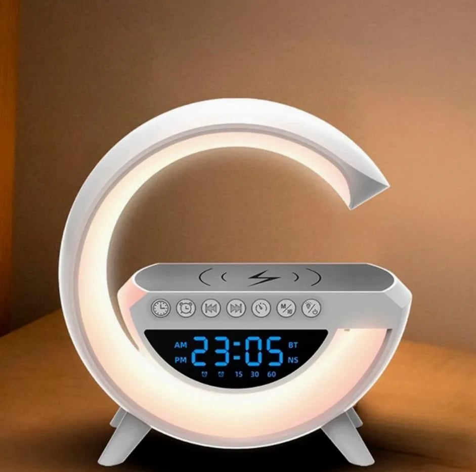 Parlante Bluetooth G con Lámpara LED RGB, Reloj y Cargador Inalámbrico