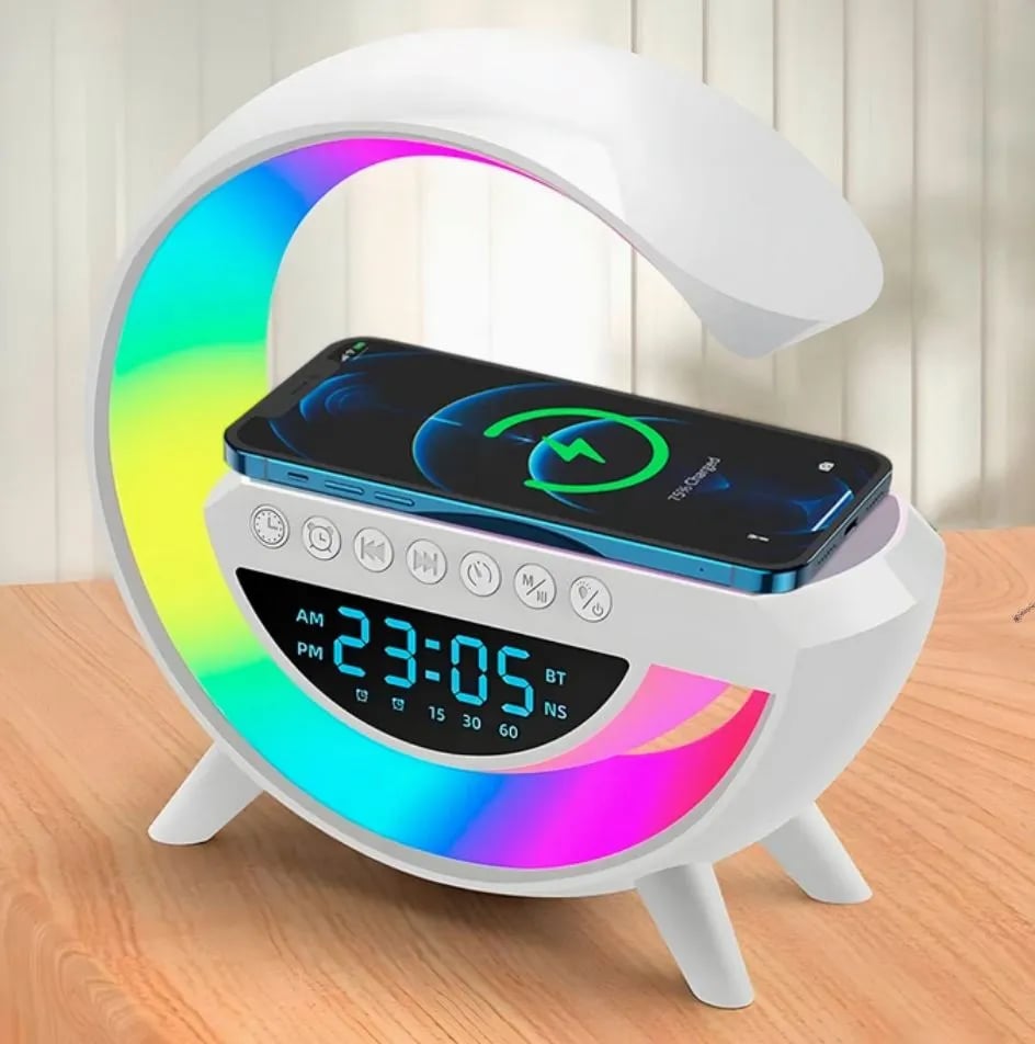 Parlante Bluetooth G con Lámpara LED RGB, Reloj y Cargador Inalámbrico