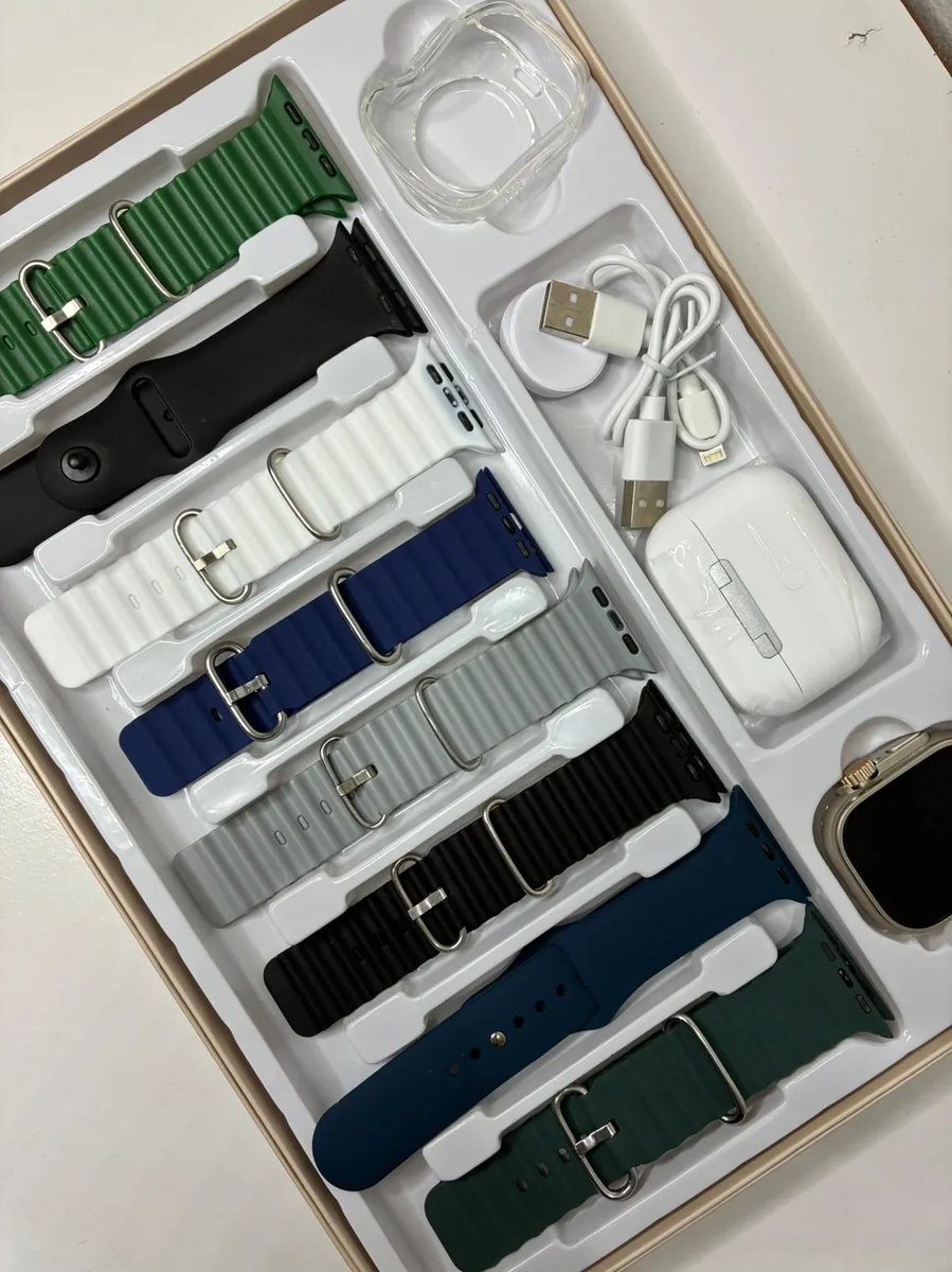Cofre Smartwatch Ultra con 8 Mallas + Protector + Auriculares Inalambricos