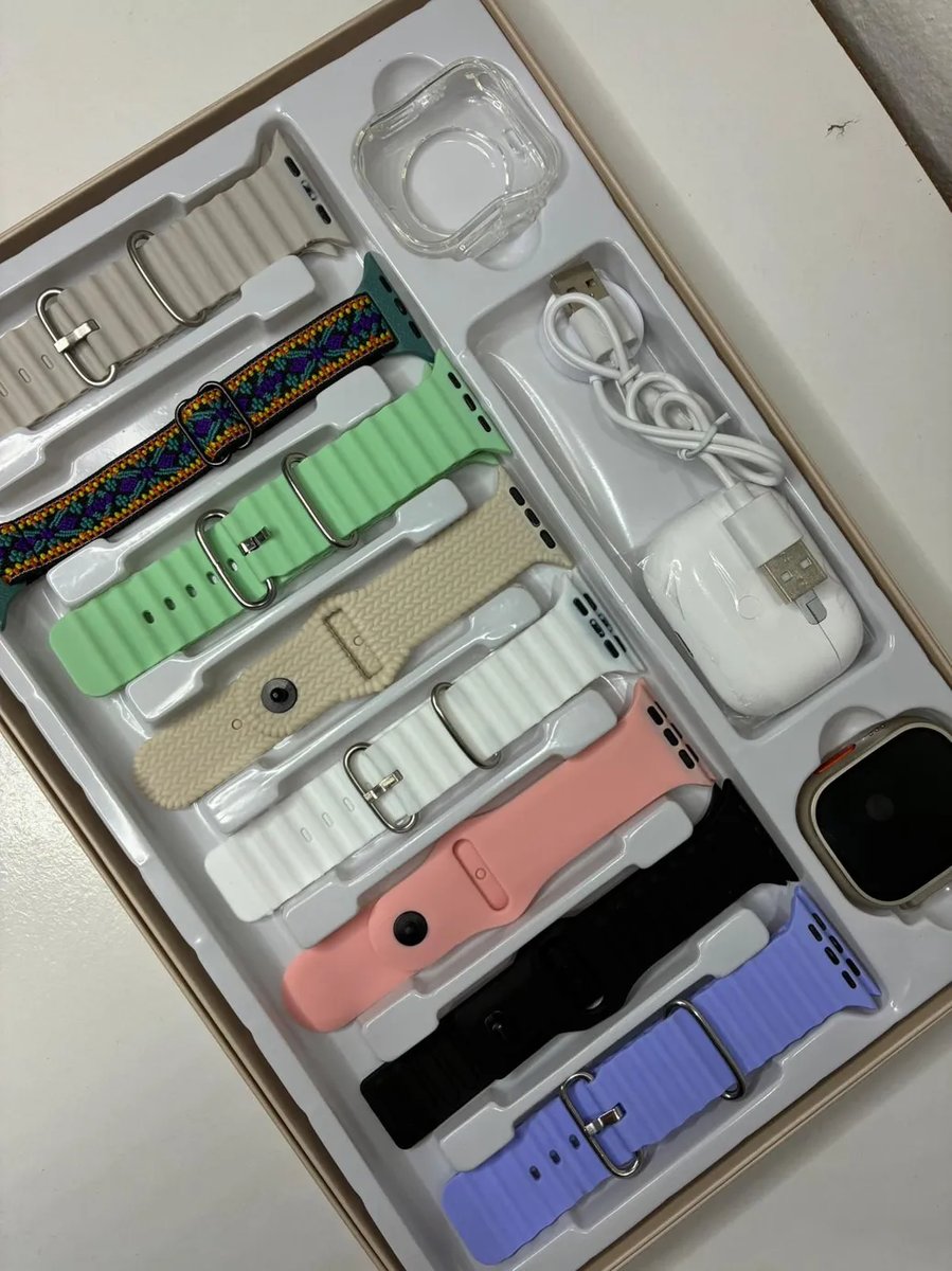 Cofre Smartwatch Ultra con 8 Mallas + Protector + Auriculares Inalambricos