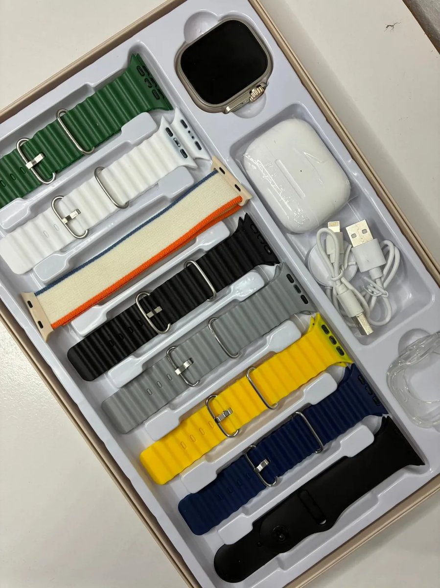 Cofre Smartwatch Ultra con 8 Mallas + Protector + Auriculares Inalambricos
