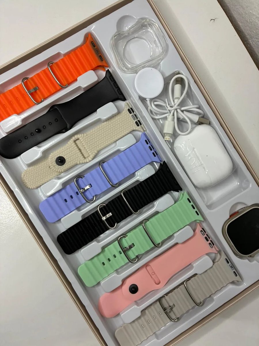 Cofre Smartwatch Ultra con 8 Mallas + Protector + Auriculares Inalambricos
