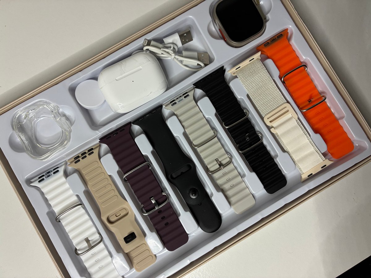 Cofre Smartwatch Ultra con 8 Mallas + Protector + Auriculares Inalambricos