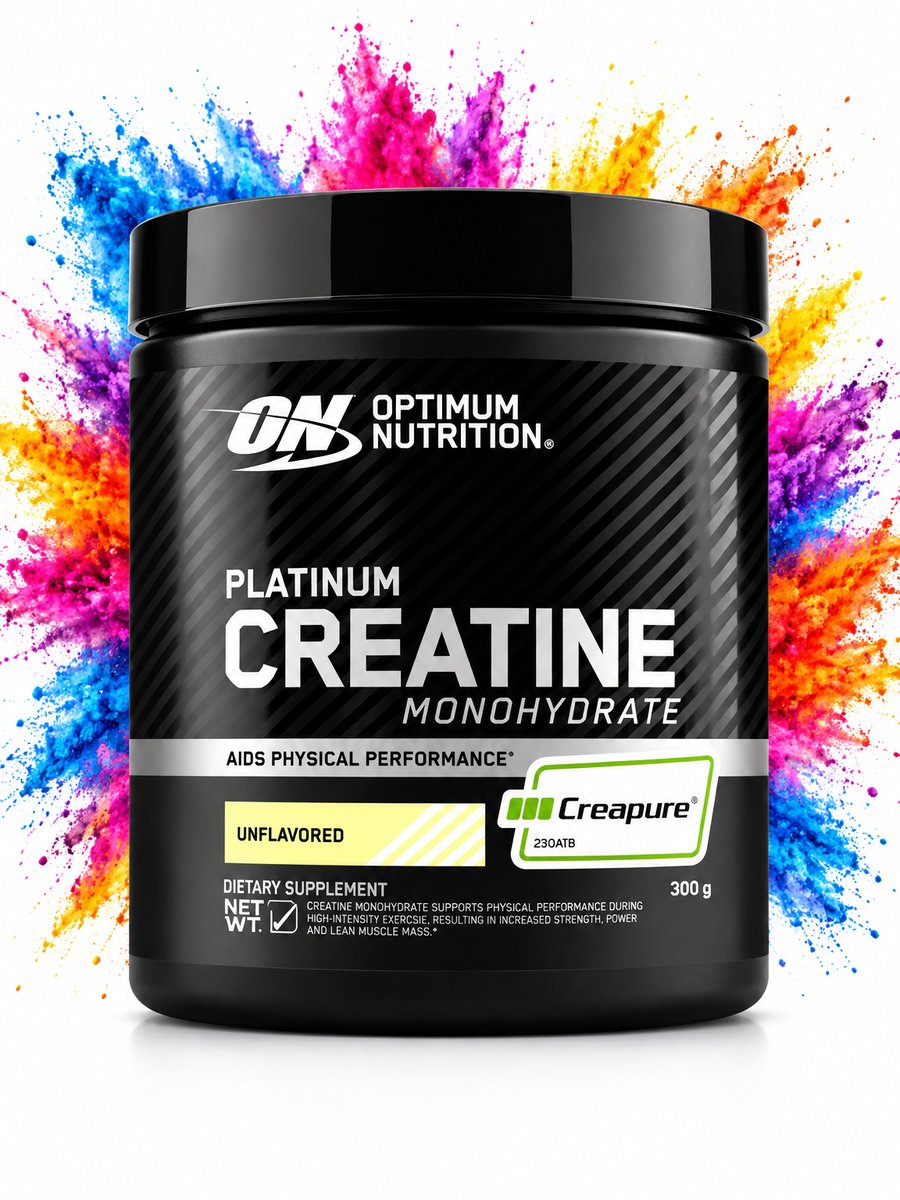 Pote Optimum Nutrition Platinum Creatine Monohydrate 300g nítido con fondo artístico colorido sobre blanco