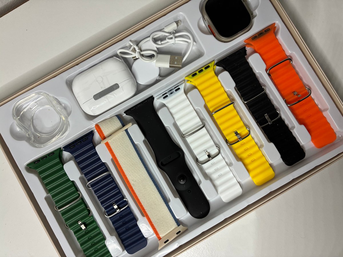 Cofre Smartwatch Ultra con 8 Mallas + Protector + Auriculares Inalambricos