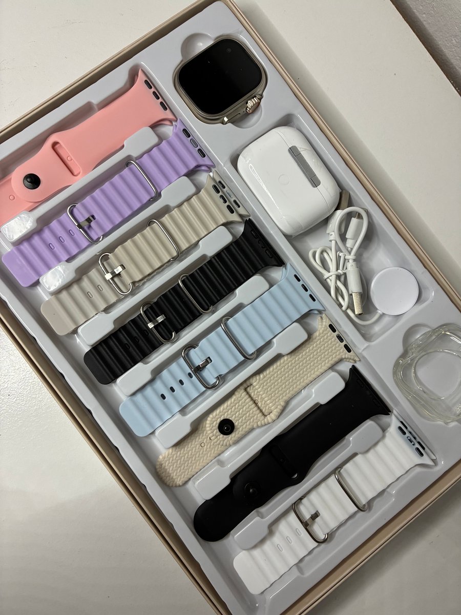 Cofre Smartwatch Ultra con 8 Mallas + Protector + Auriculares Inalambricos