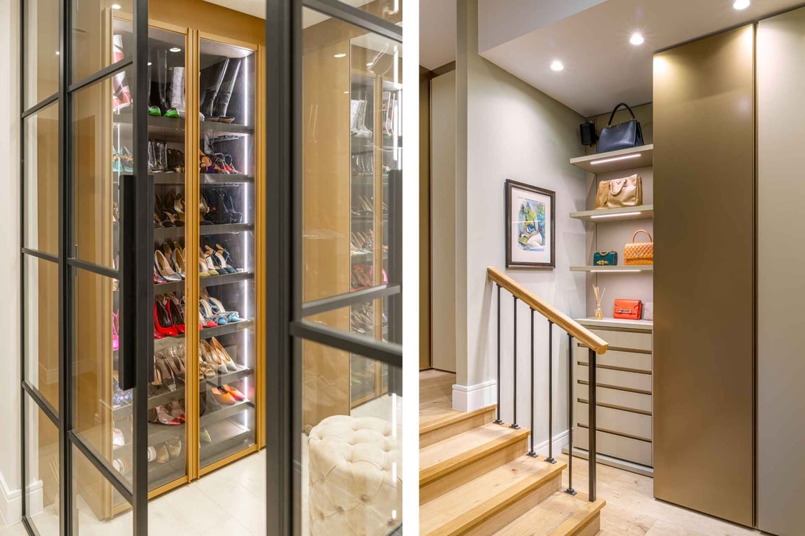 Stylish walk-in closet with shoes and handbags neatly arranged on shelves.