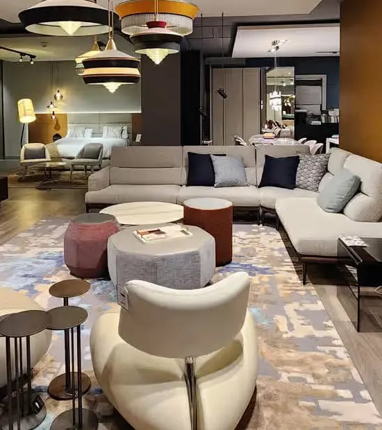 Stylish home decor setup with luxury furniture and accessories in FCI London showroom