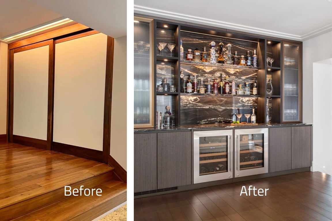 Before and after of a luxury home bar with modern cabinetry and lighting