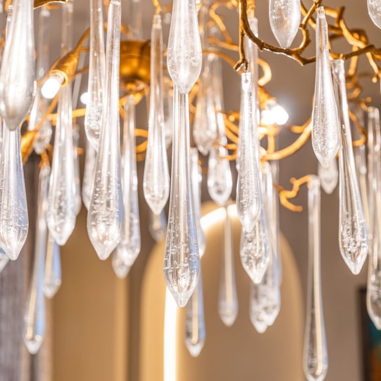 Close-up of a luxurious chandelier with crystal droplets
