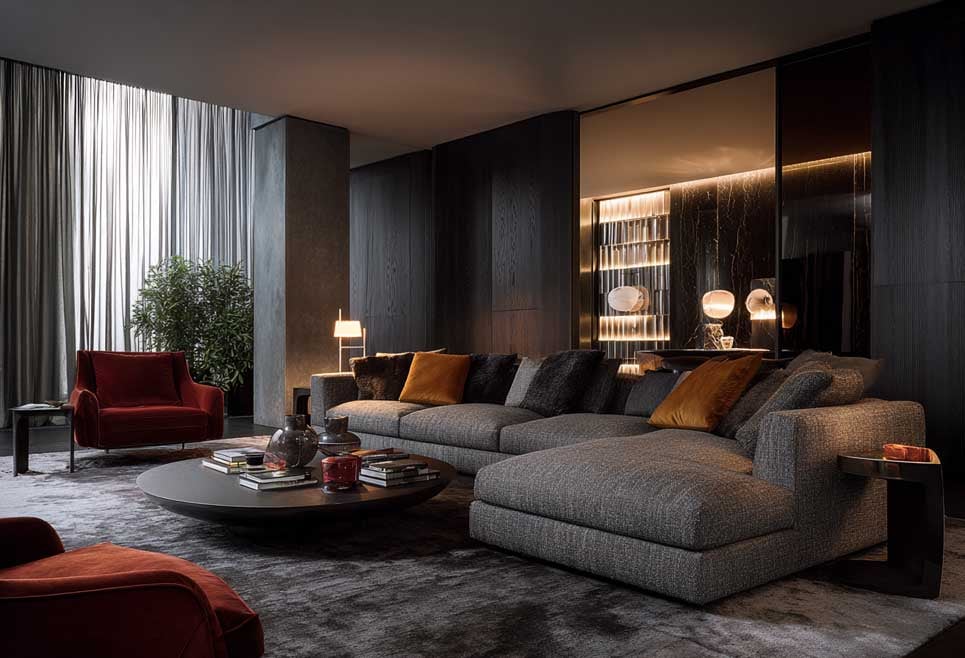 FCI London showroom with grey sectional, red chairs, and ambient lighting