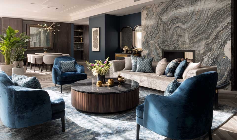 FCI London showroom luxury living room with velvet chairs, marble wall, and bespoke furniture