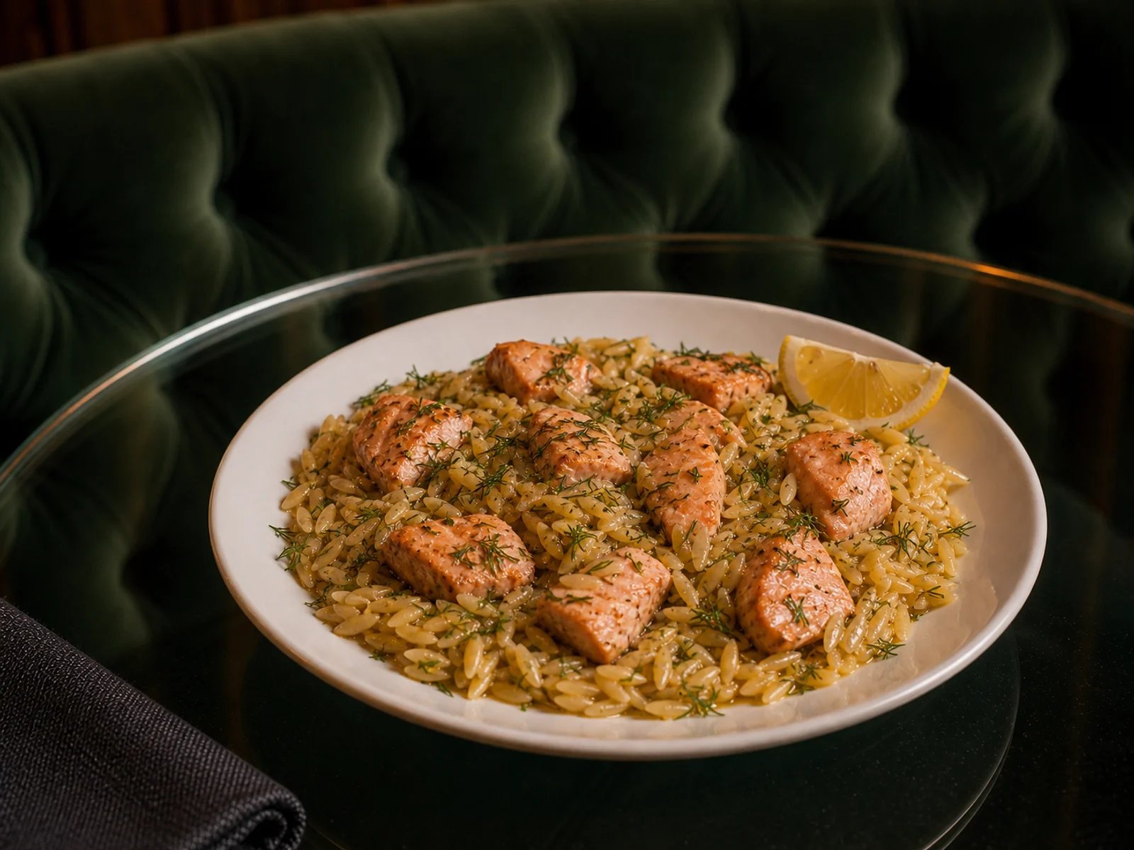 Lemon Salmon Orzo Skillet